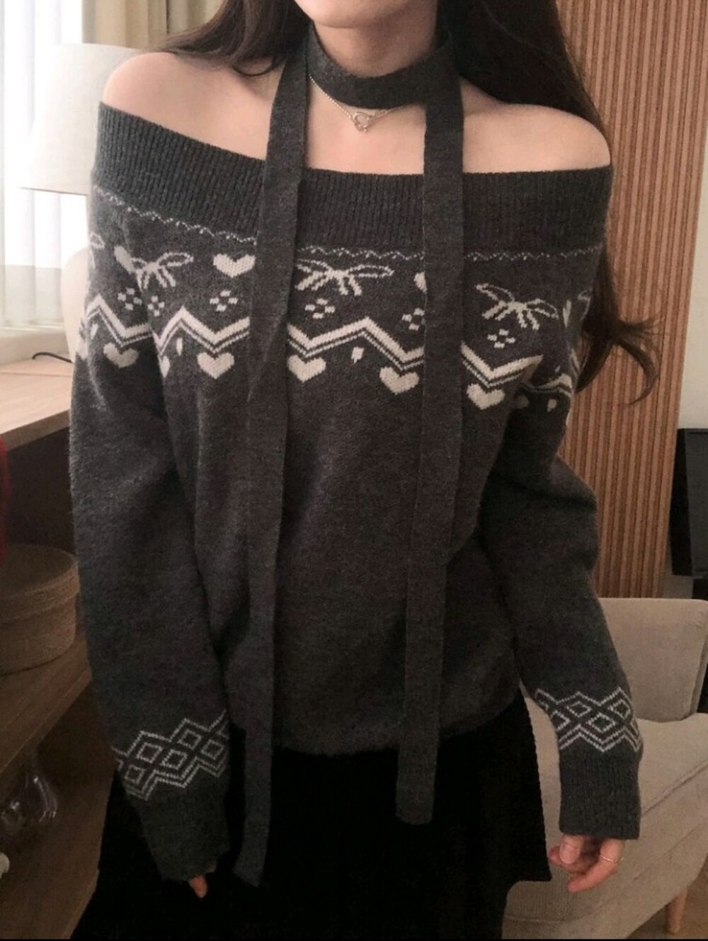 Women's Off-Shoulder Korean Style Tie-Up Long Sleeve Autumn/Winter Girly Mesh